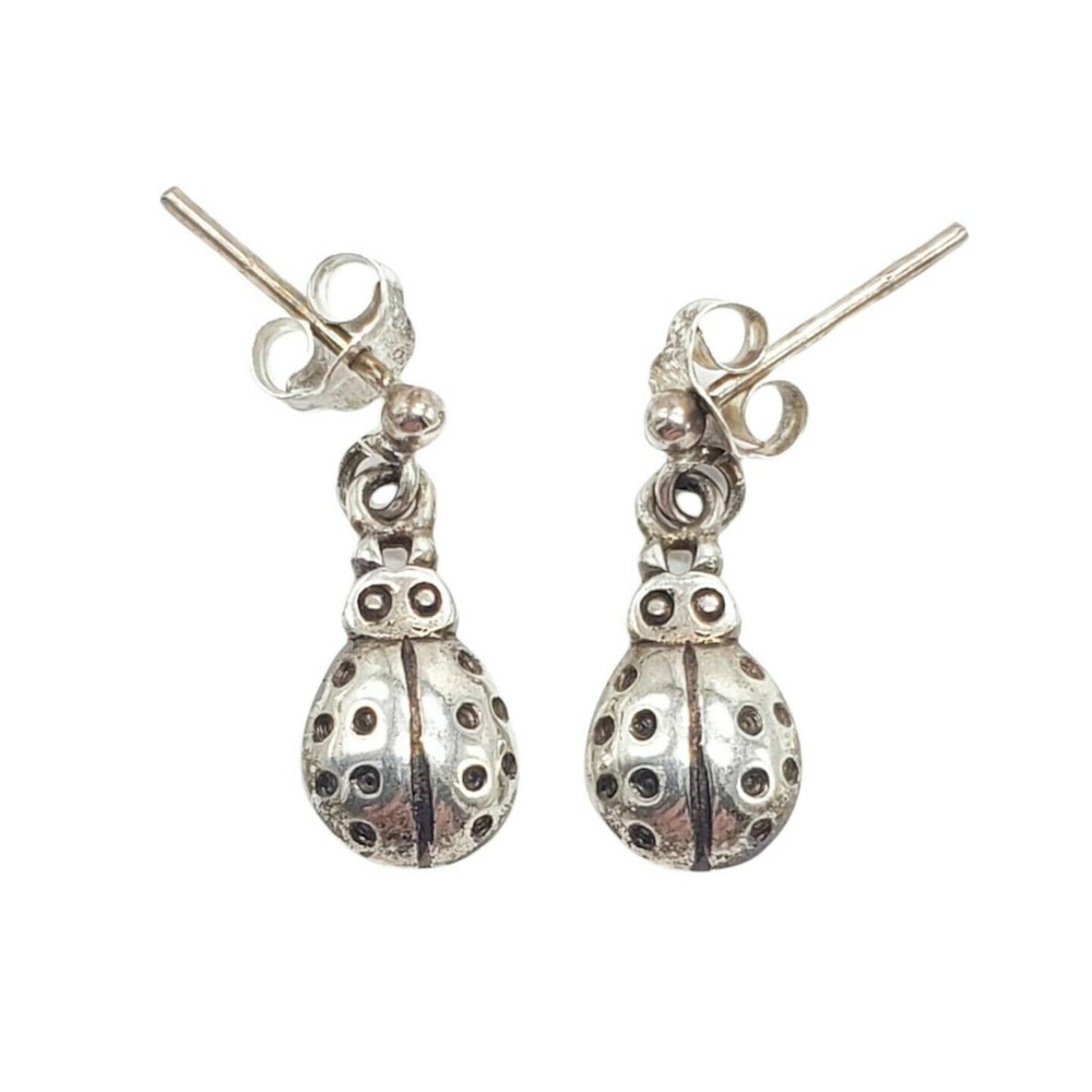 Vintage Lucky Lady Bug Insect Figural Sterling Silver 3/4" Post Earrings